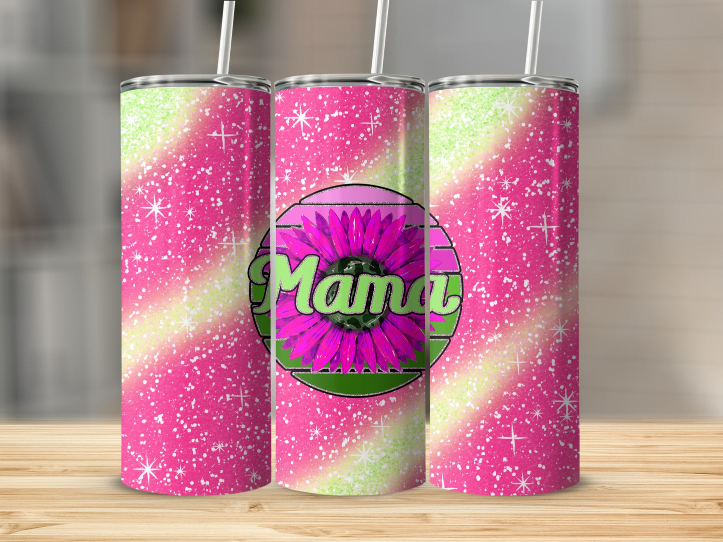 Glittery Pink Mama Tumbler with Straw Cup