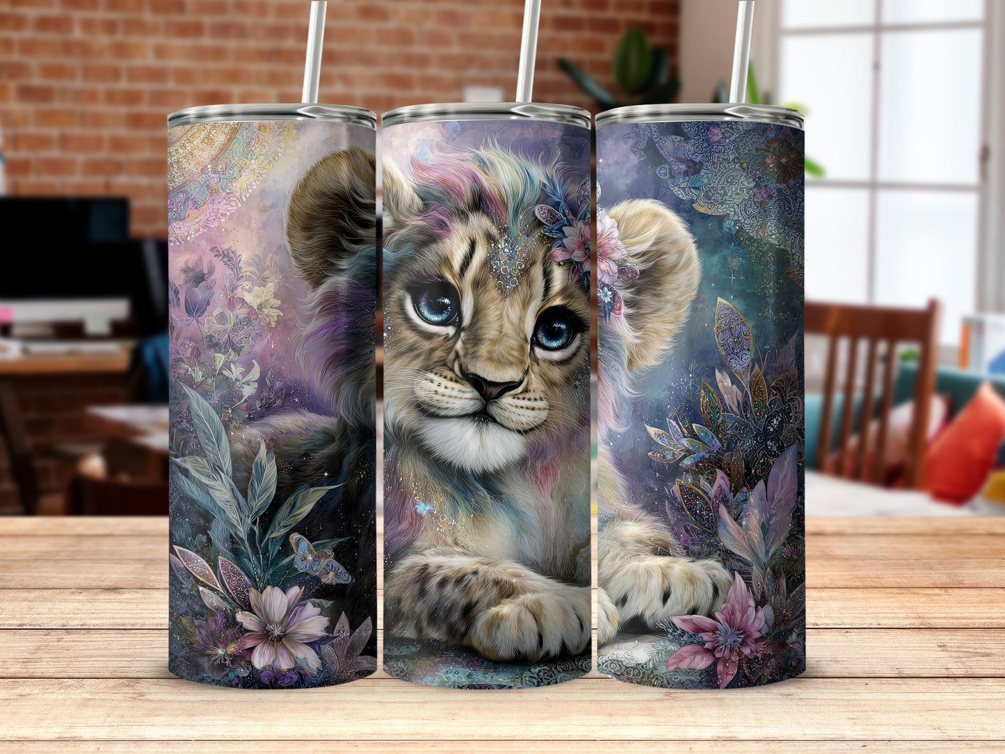 Cute Colorful Lion Cub Design with Flowers Tumbler