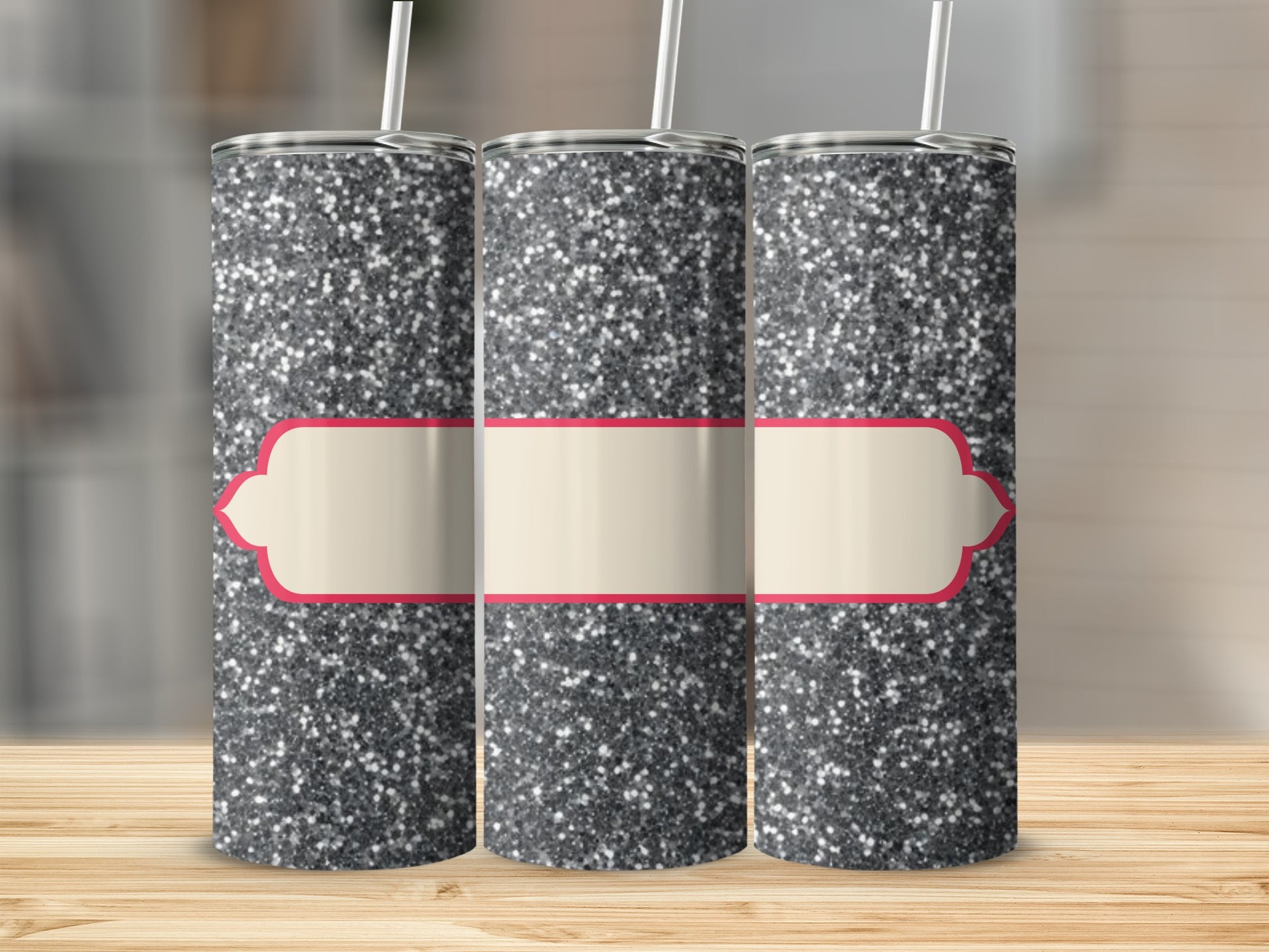 Three glitter tumblers with blank cream and pink label details.