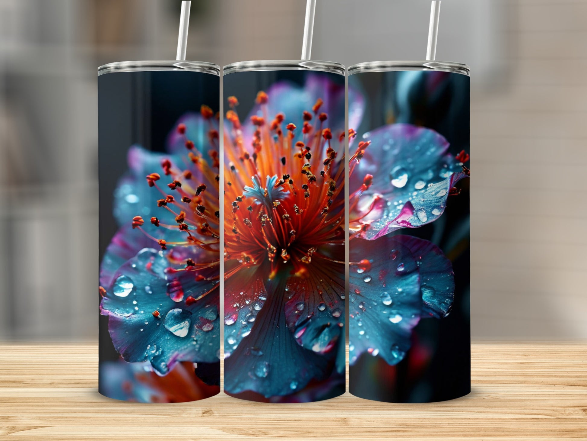 Three tall tumblers featuring a close-up macro of a water-covered flower.