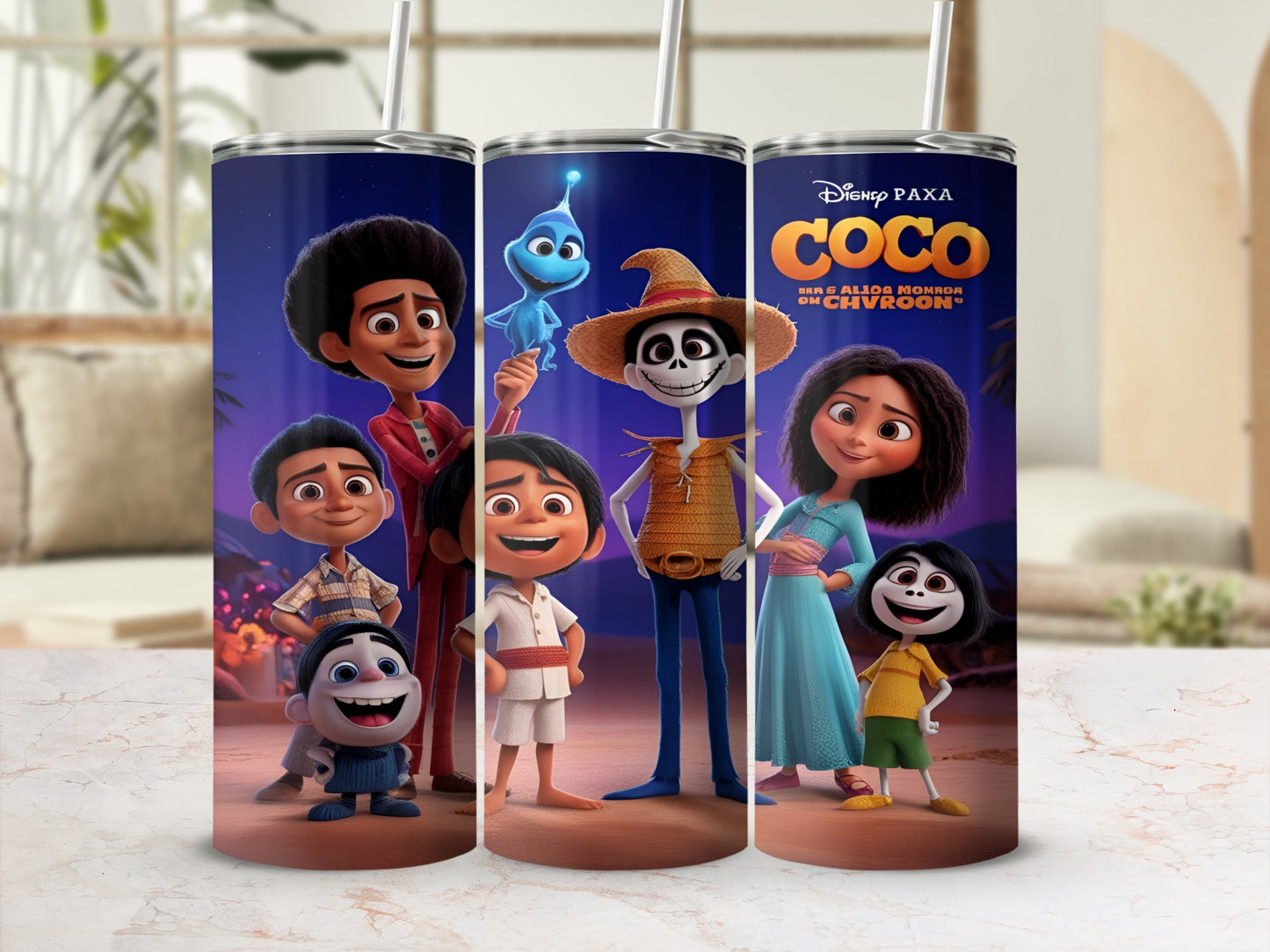 Coco movie characters on a tumbler with logo.