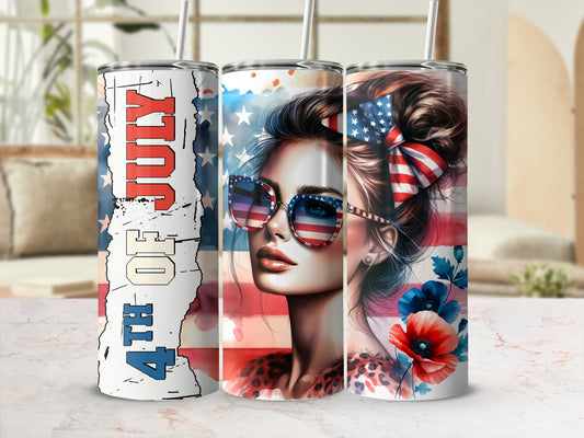 Patriotic tumbler with woman wearing American flag sunglasses, poppies, and "4th of July" text.