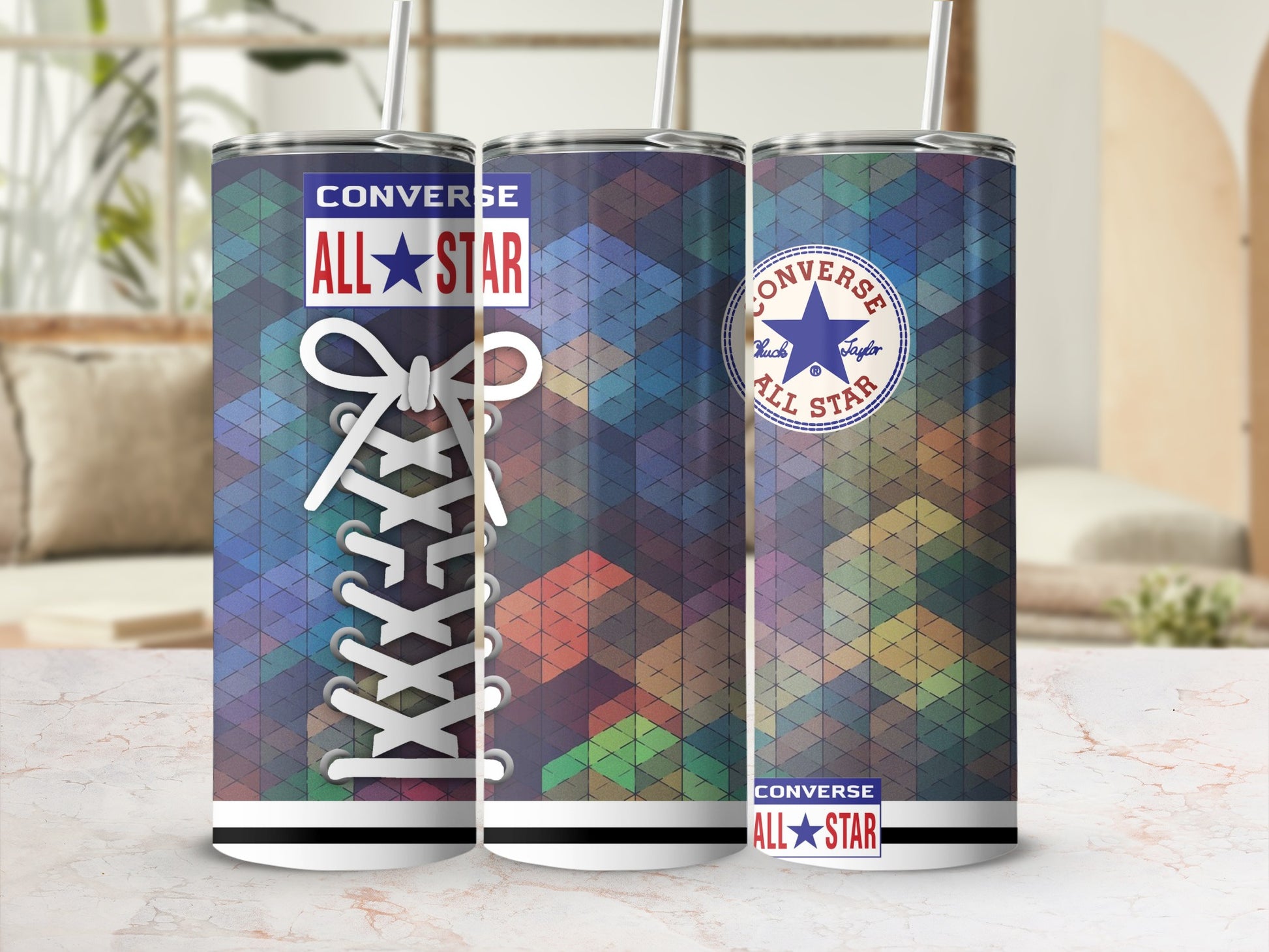 Converse All Star tumbler with lacing and geometric pattern.
