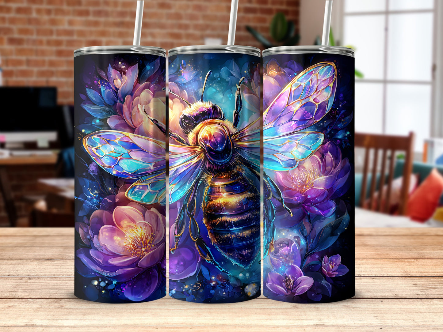 Colorful Bumble Bee and Flowers Design Tumbler