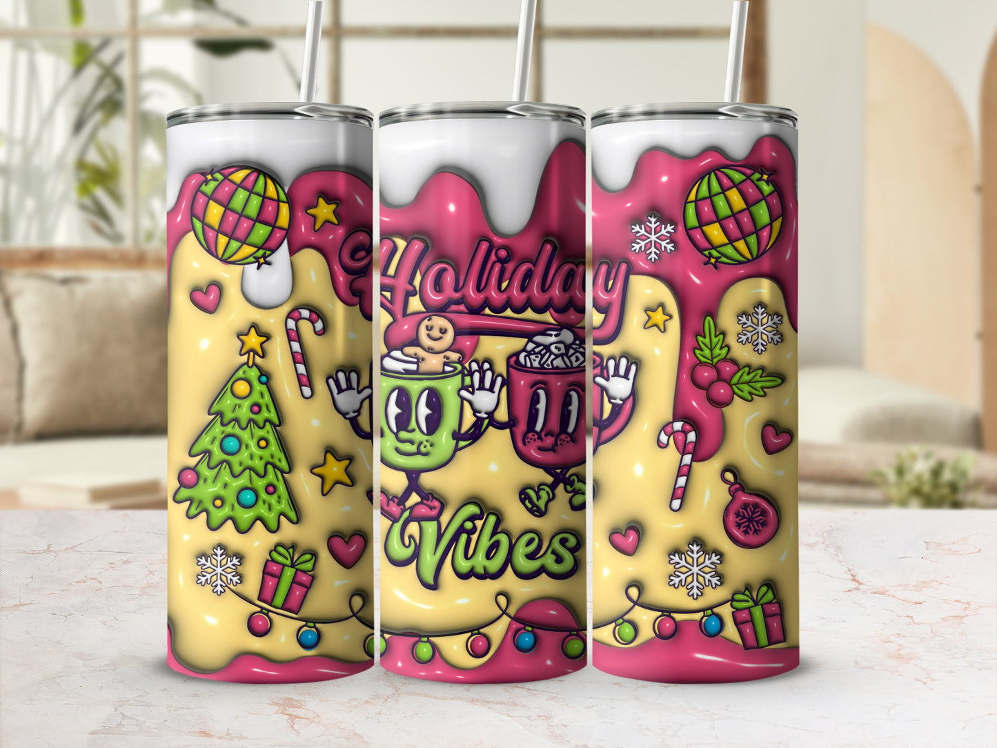 Holiday Vibes Festive Cartoon Print Drinkware