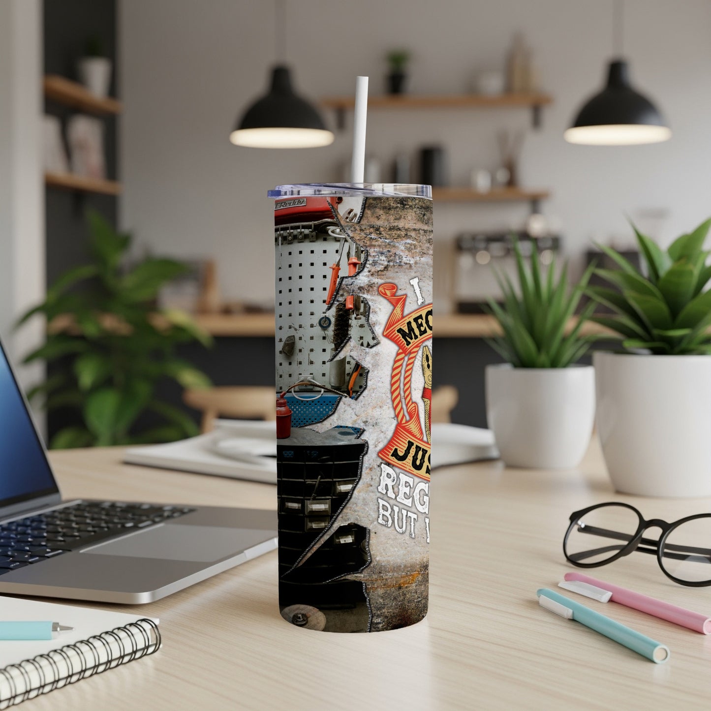 Mechanic tumbler with tools and the text "I'm a mechanic, I'm just regular but I'm a god".