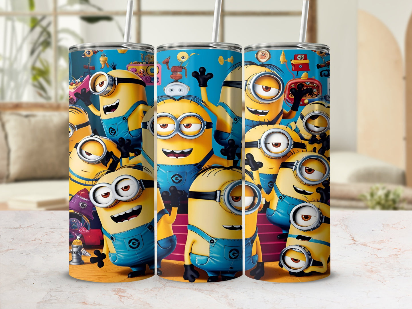 Three Minions characters wearing blue overalls and goggles on a blue patterned tumbler.