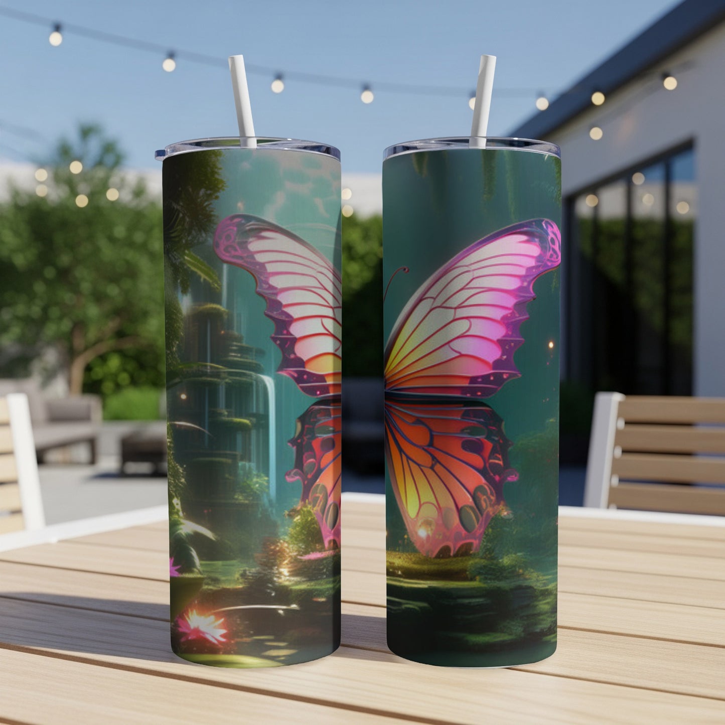 Two tumblers with iridescent butterfly wing design.