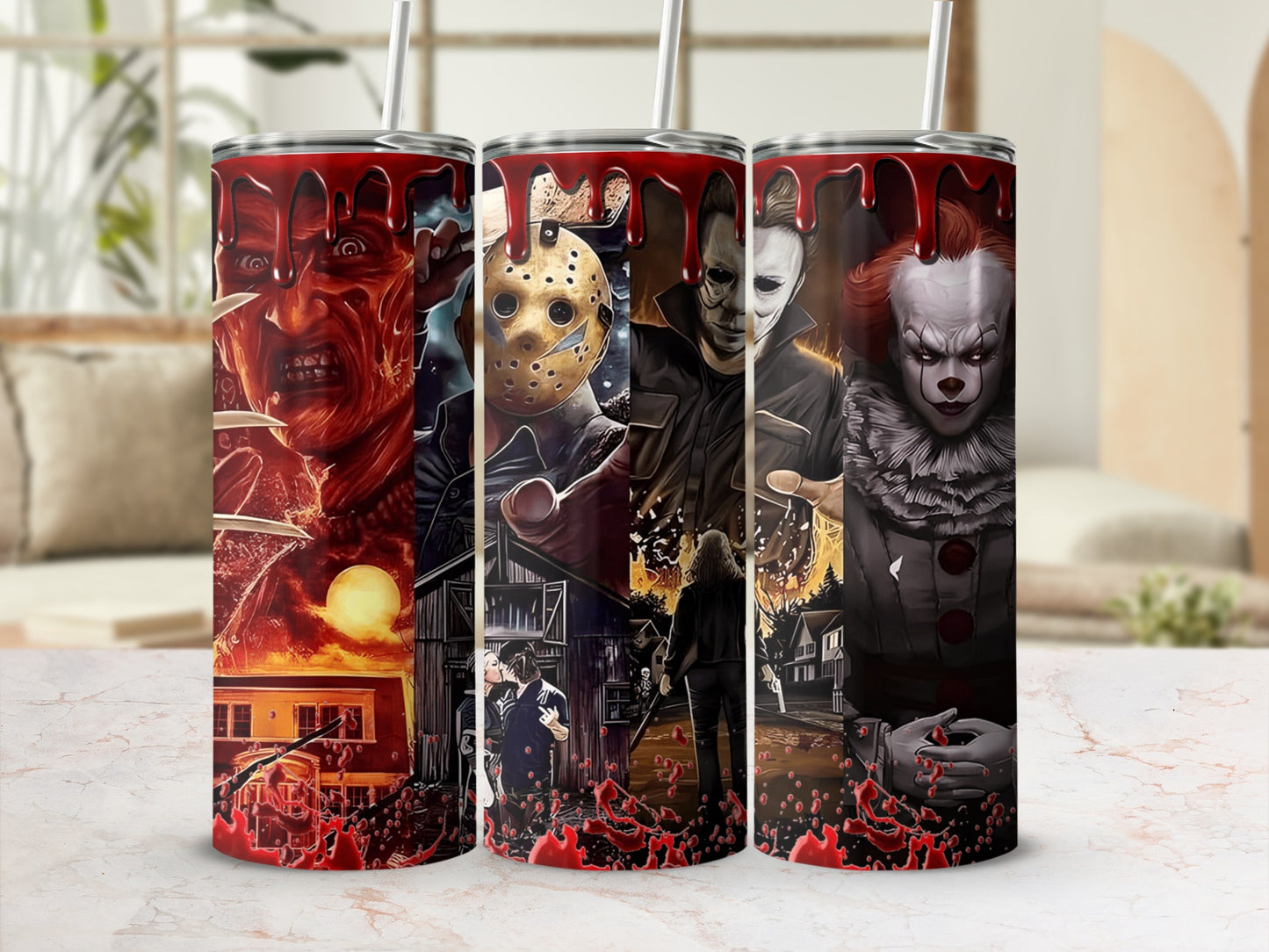 Tumbler with Freddy Krueger, Jason Voorhees, Michael Myers, and Pennywise horror characters.