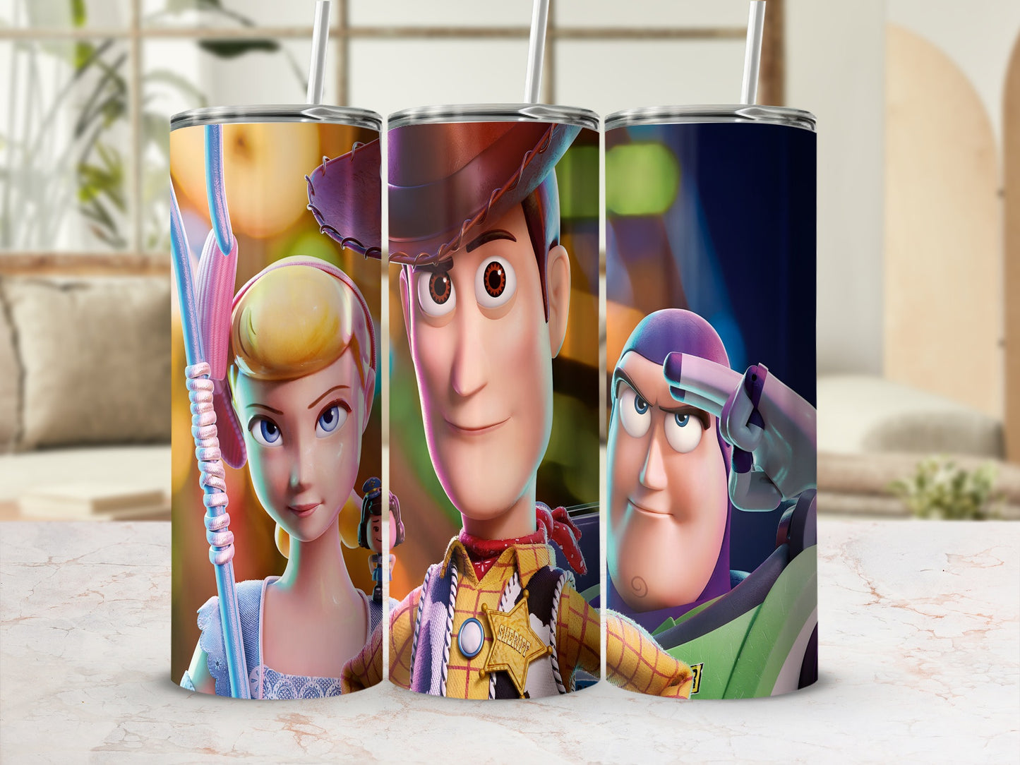 Bo Peep, Woody, and Buzz Lightyear on tumblers with straws.