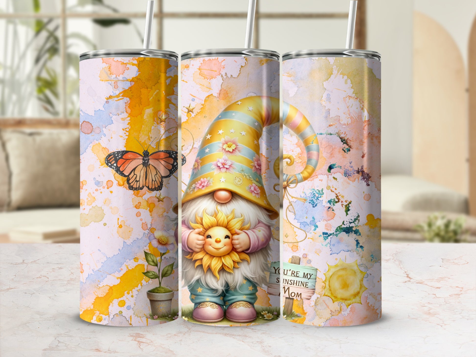 Colorful Gnome and Butterfly Design Tumbler Flask Cup