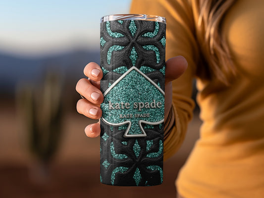Kate Spade Inspired  Logo on Black and Green Floral Design Tumblers