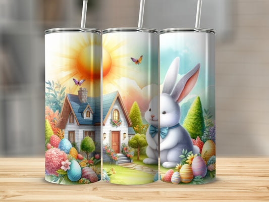 Easter bunny with bow tie beside a house and decorated eggs.