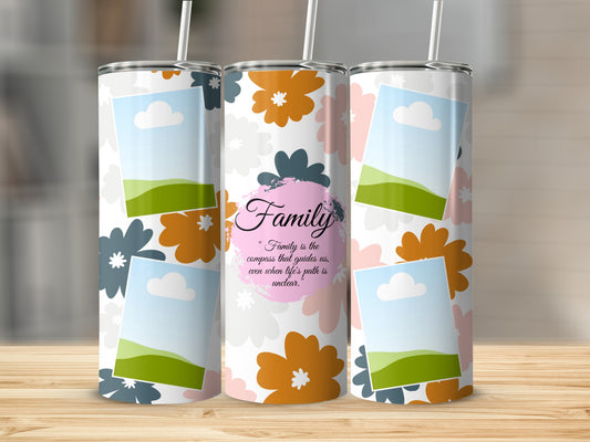 Tumbler with floral pattern, photo frames, and "Family" quote.
