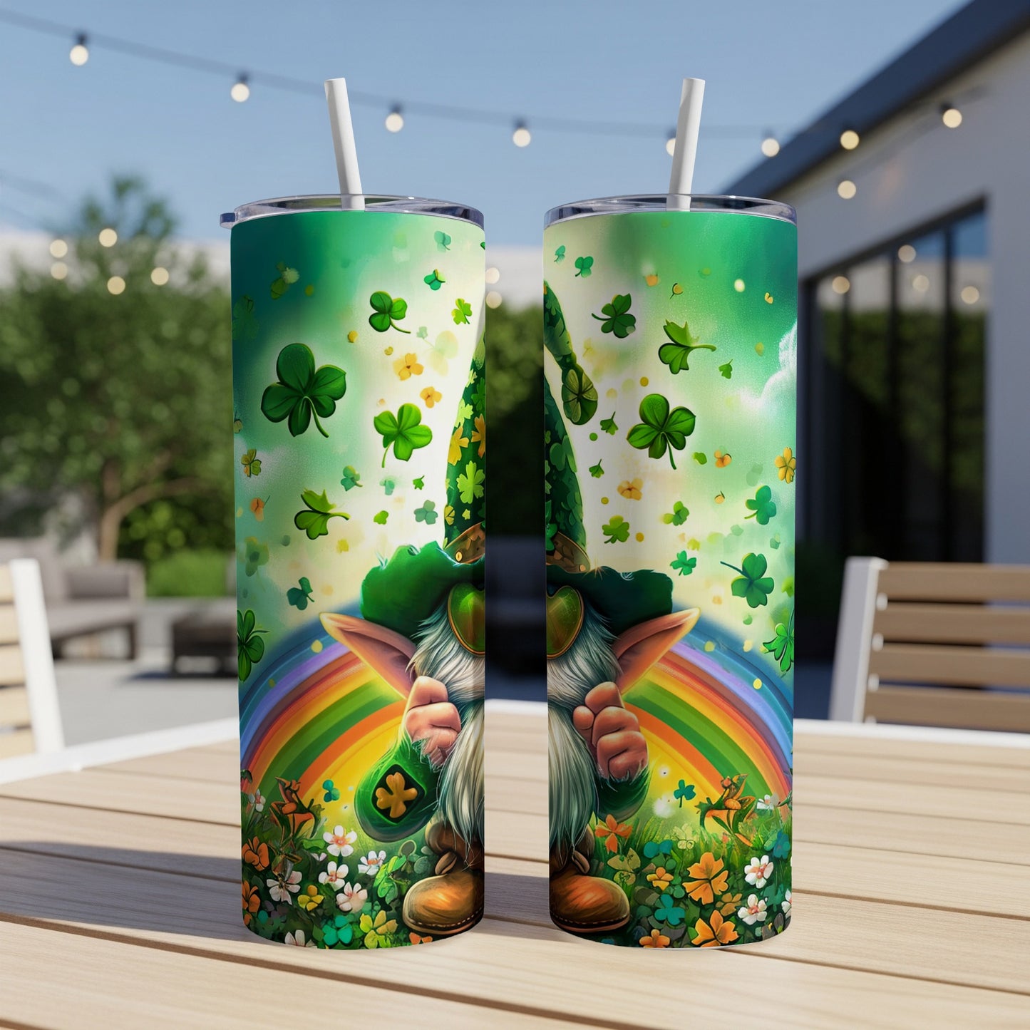 St. Patrick's Day gnome with shamrocks and rainbow design on two tumblers.