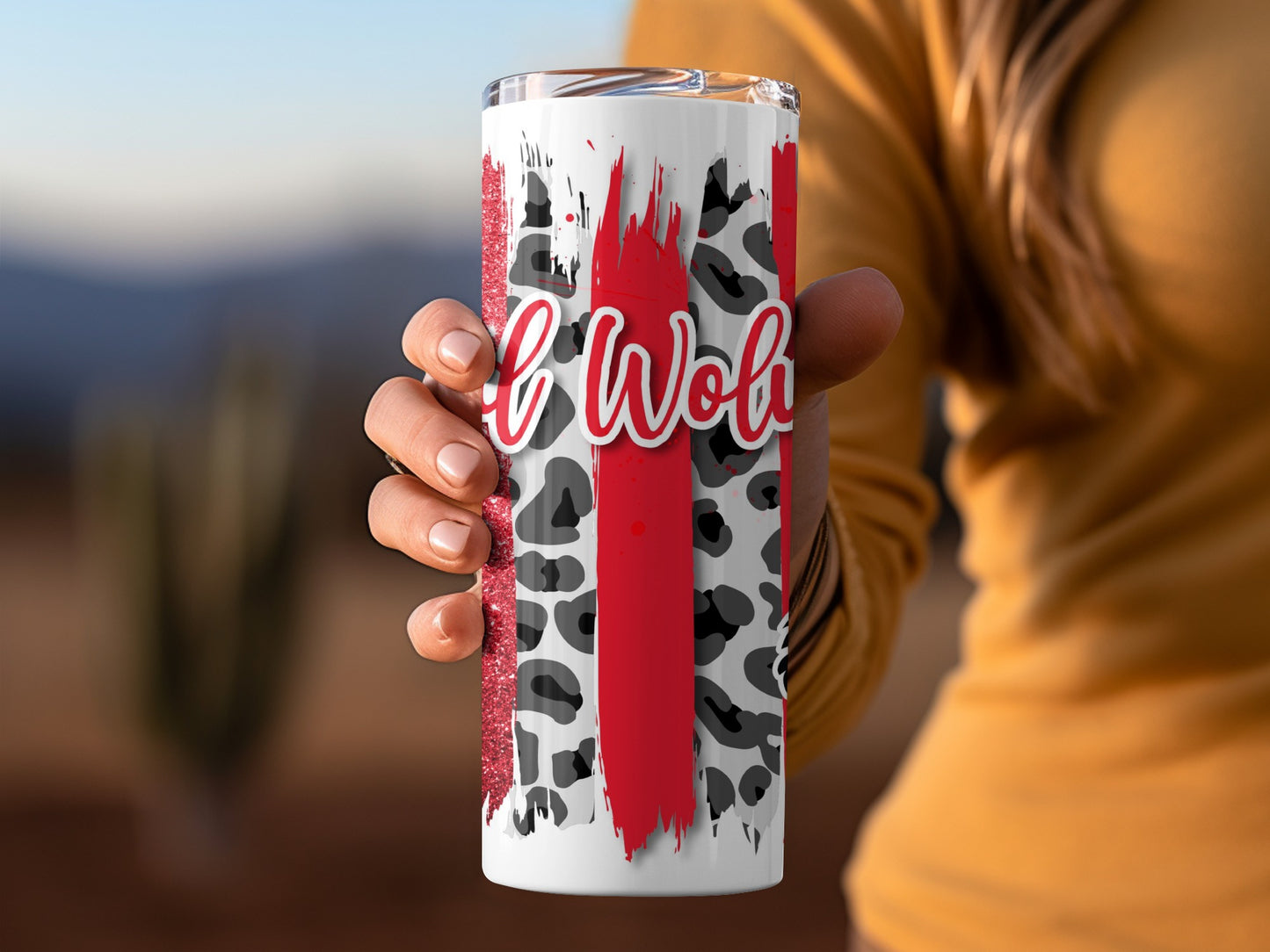 Red Wolves Brush Strokes Leopard Glitter Design Tumblers