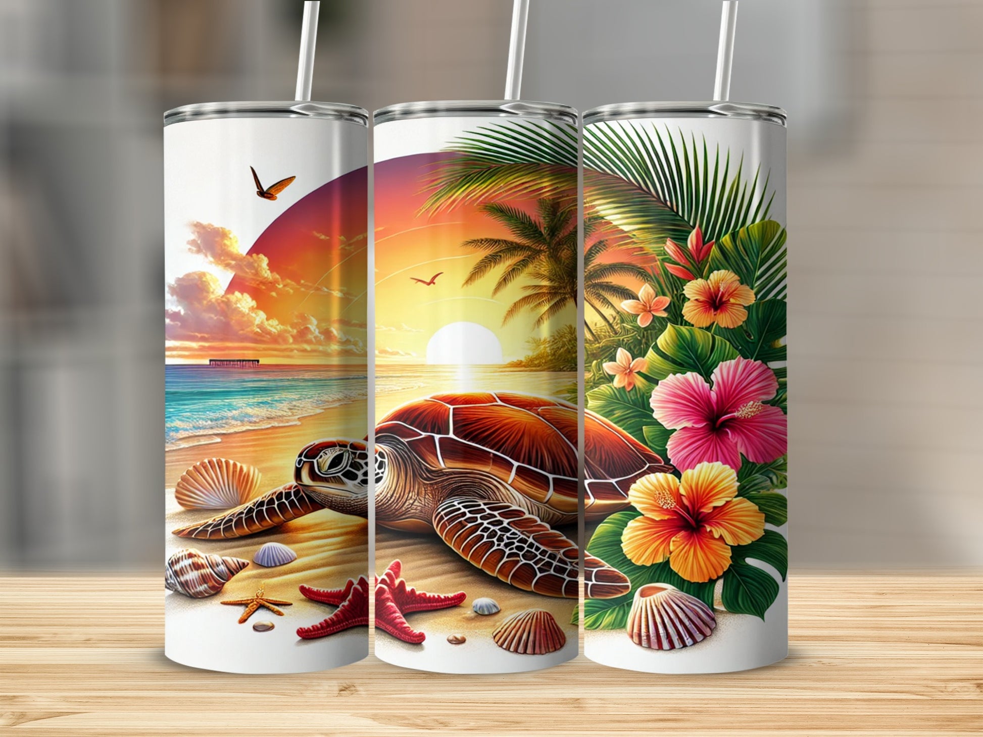 Tropical Sunset Beach Turtle Flowers Design Tumbler