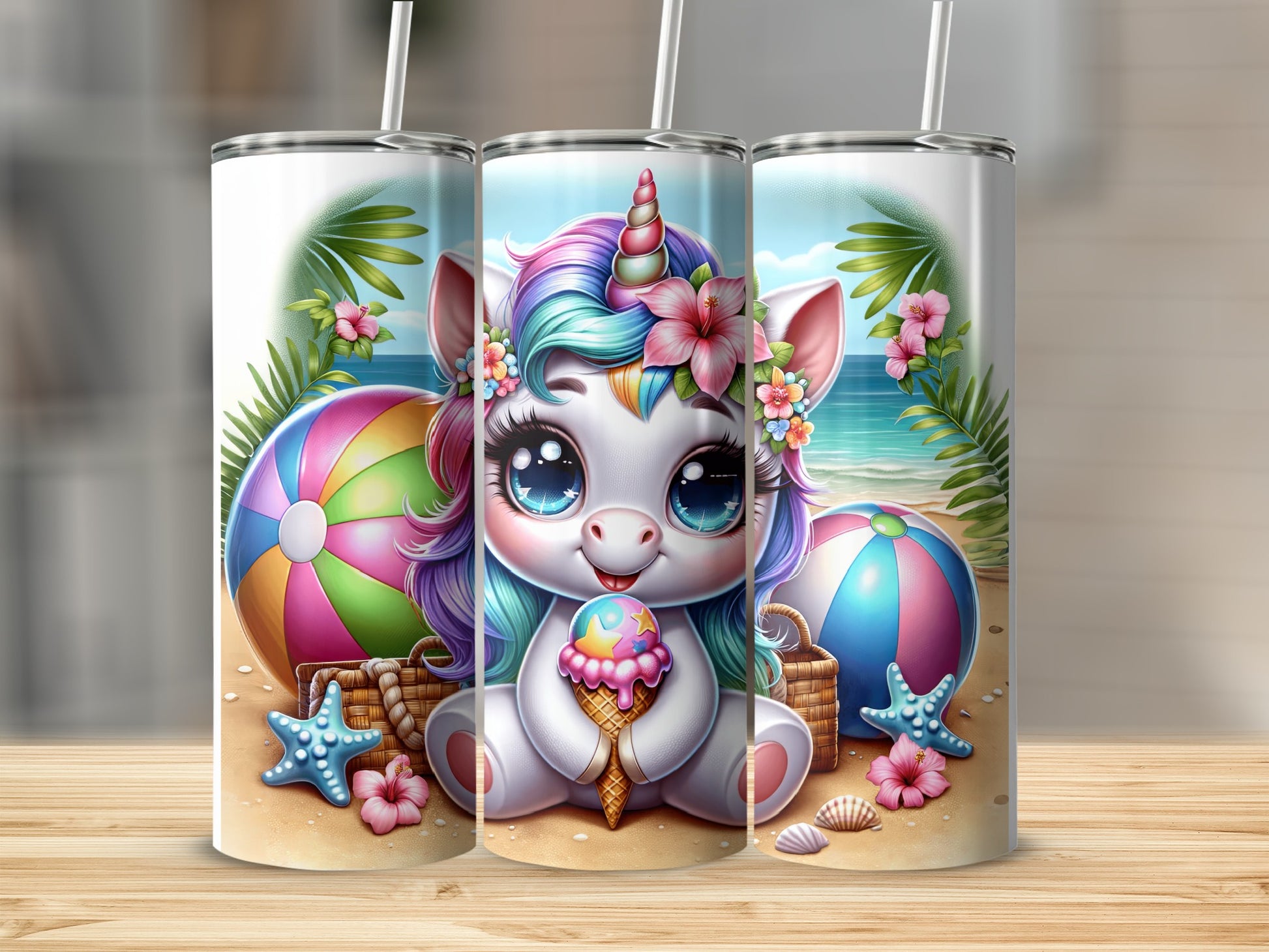 Cute unicorn with ice cream and beach elements.