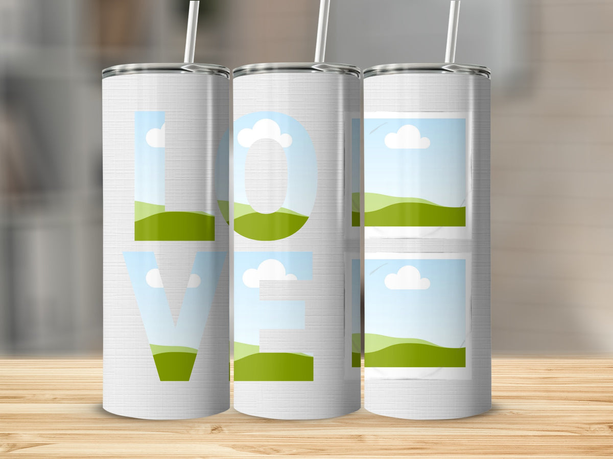 Three tumblers with the word "LOVE" designed with landscape images.