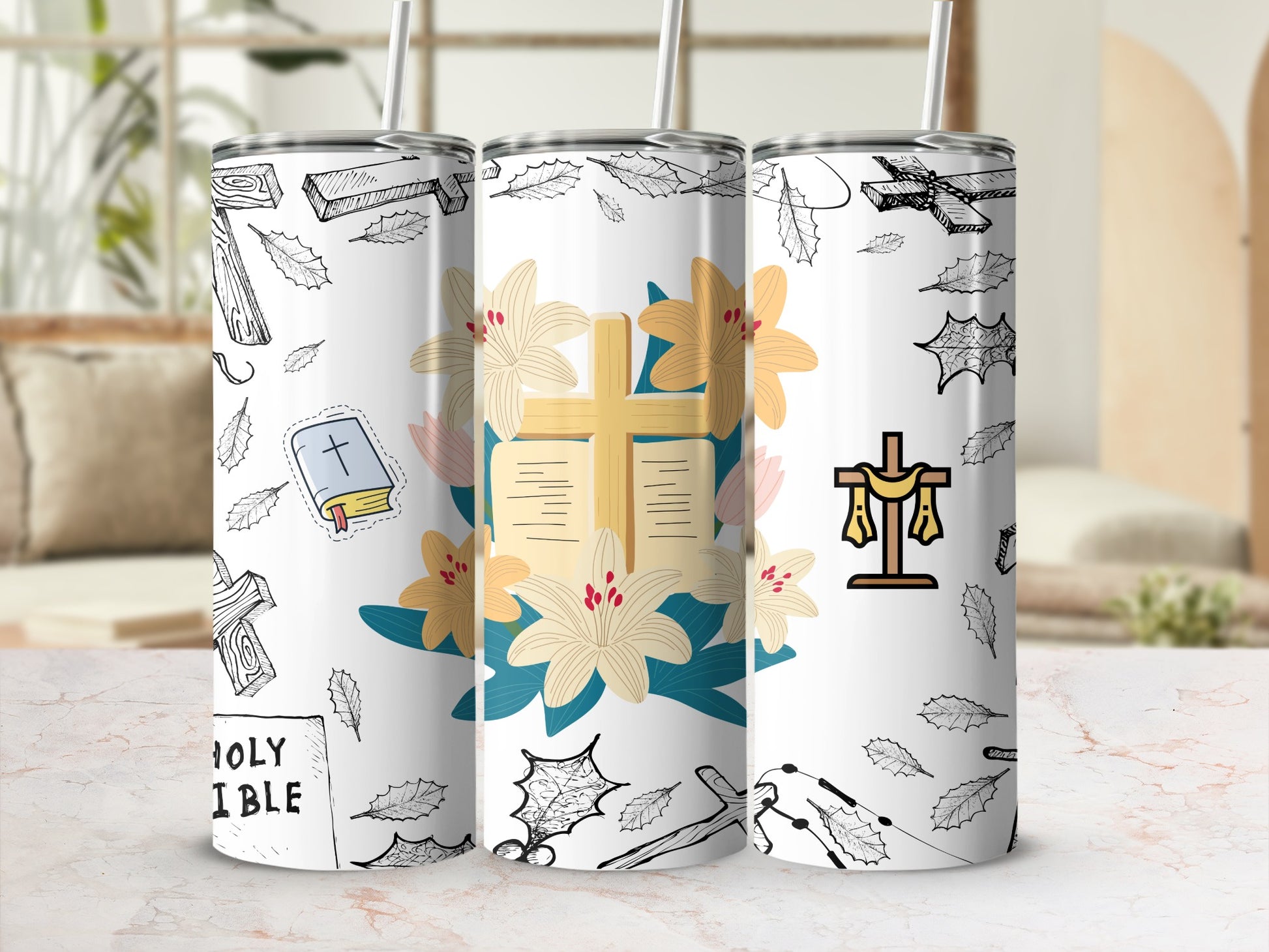 Christian Themed Tumbler with Religious Symbols Design