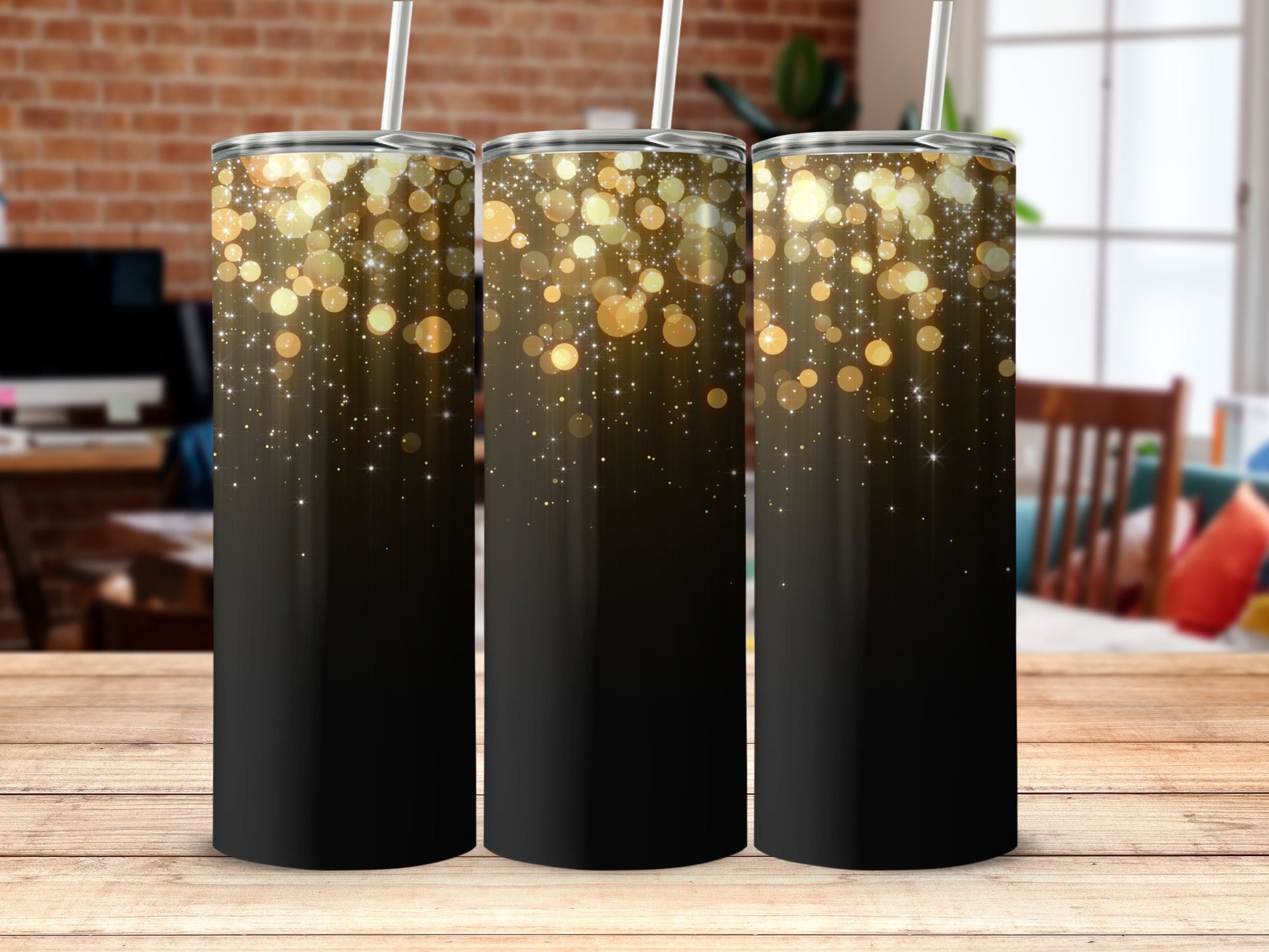 Glittering Gold and Black Tumbler with Straw