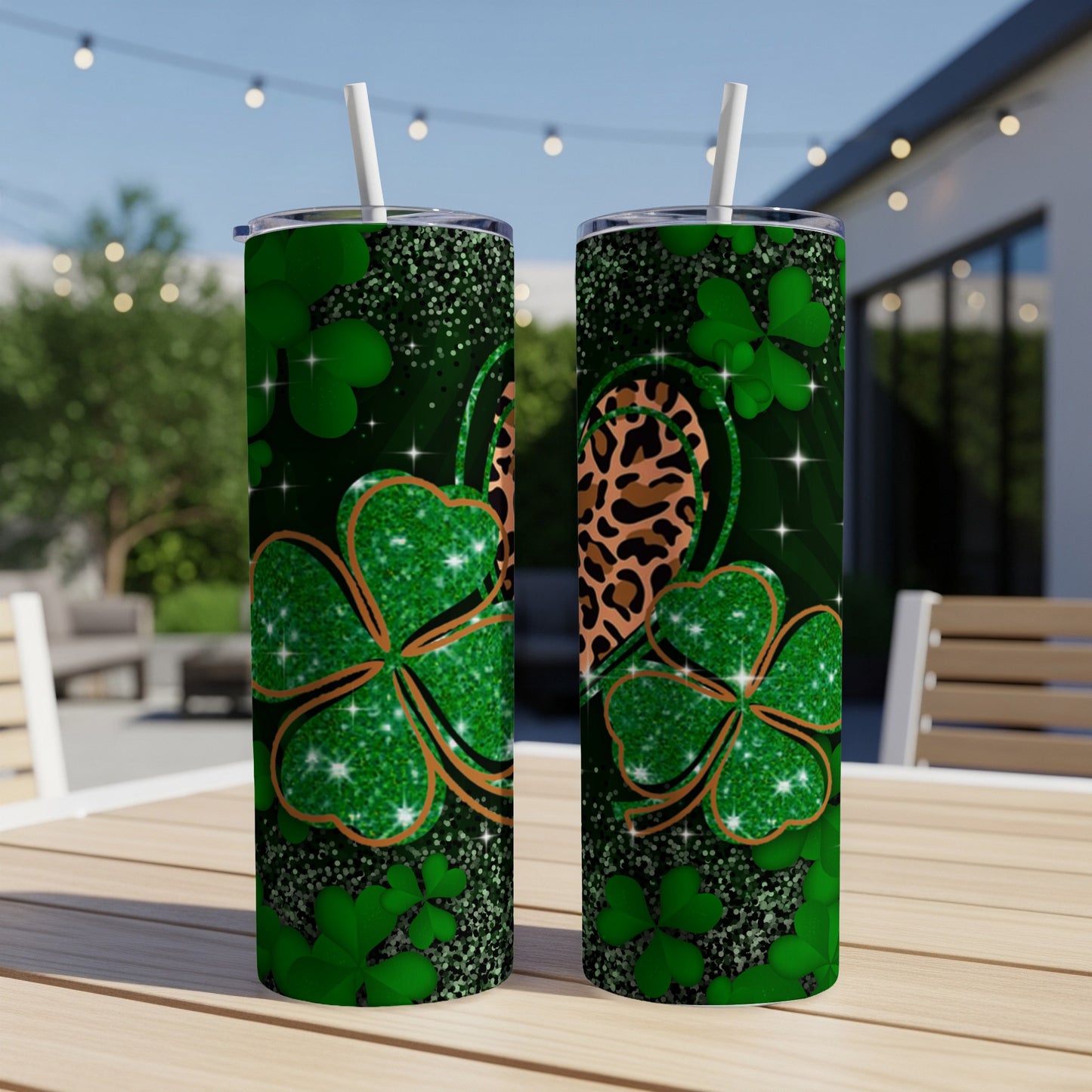 Two St. Patrick's Day themed tumblers with shamrocks and leopard print.
