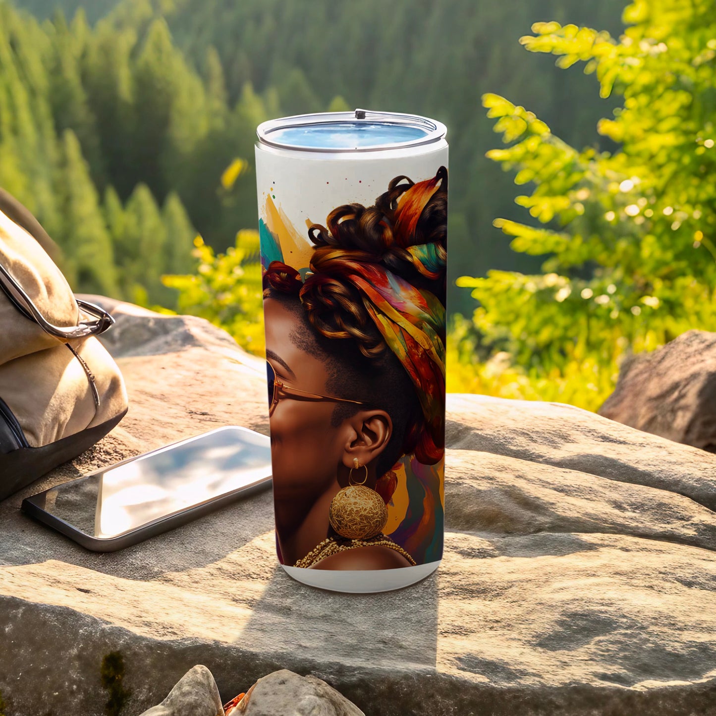 Tumbler with illustration of a Black woman wearing a headscarf and large earrings.