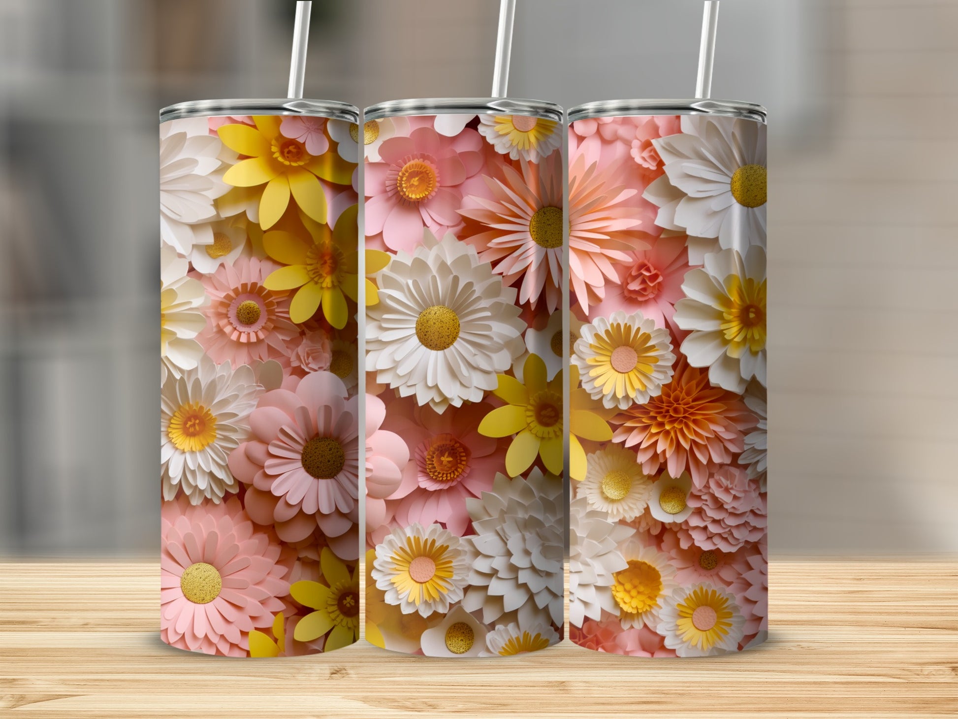 Floral Daisy Pattern Travel Tumbler with Straw