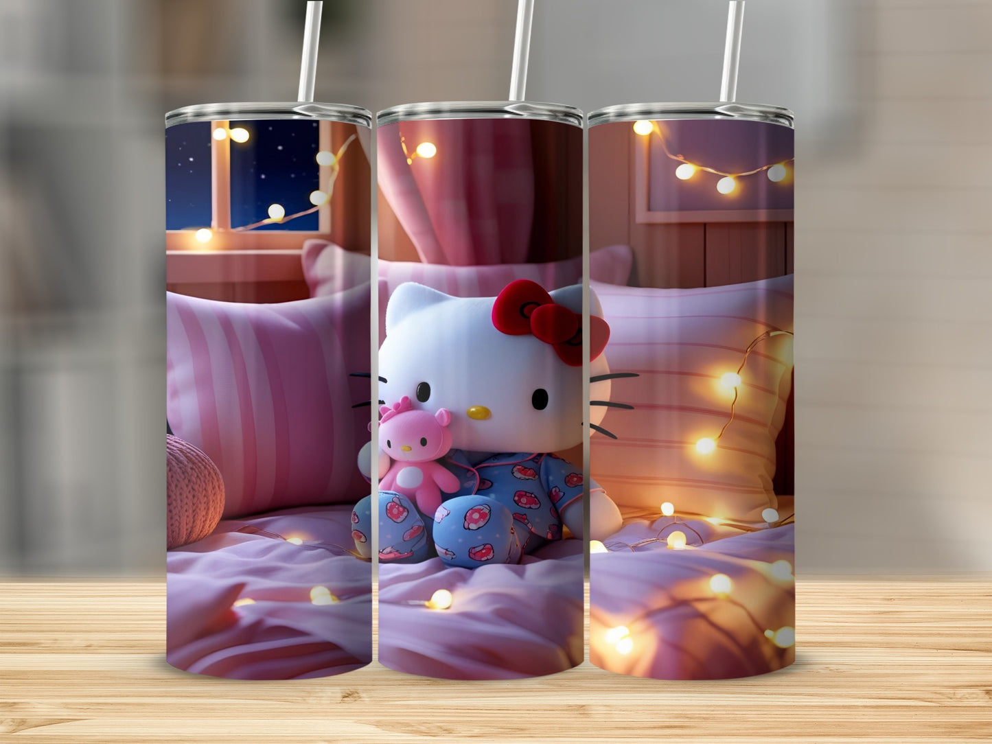 Hello Kitty in pajamas holding a pink teddy bear, surrounded by fairy lights.