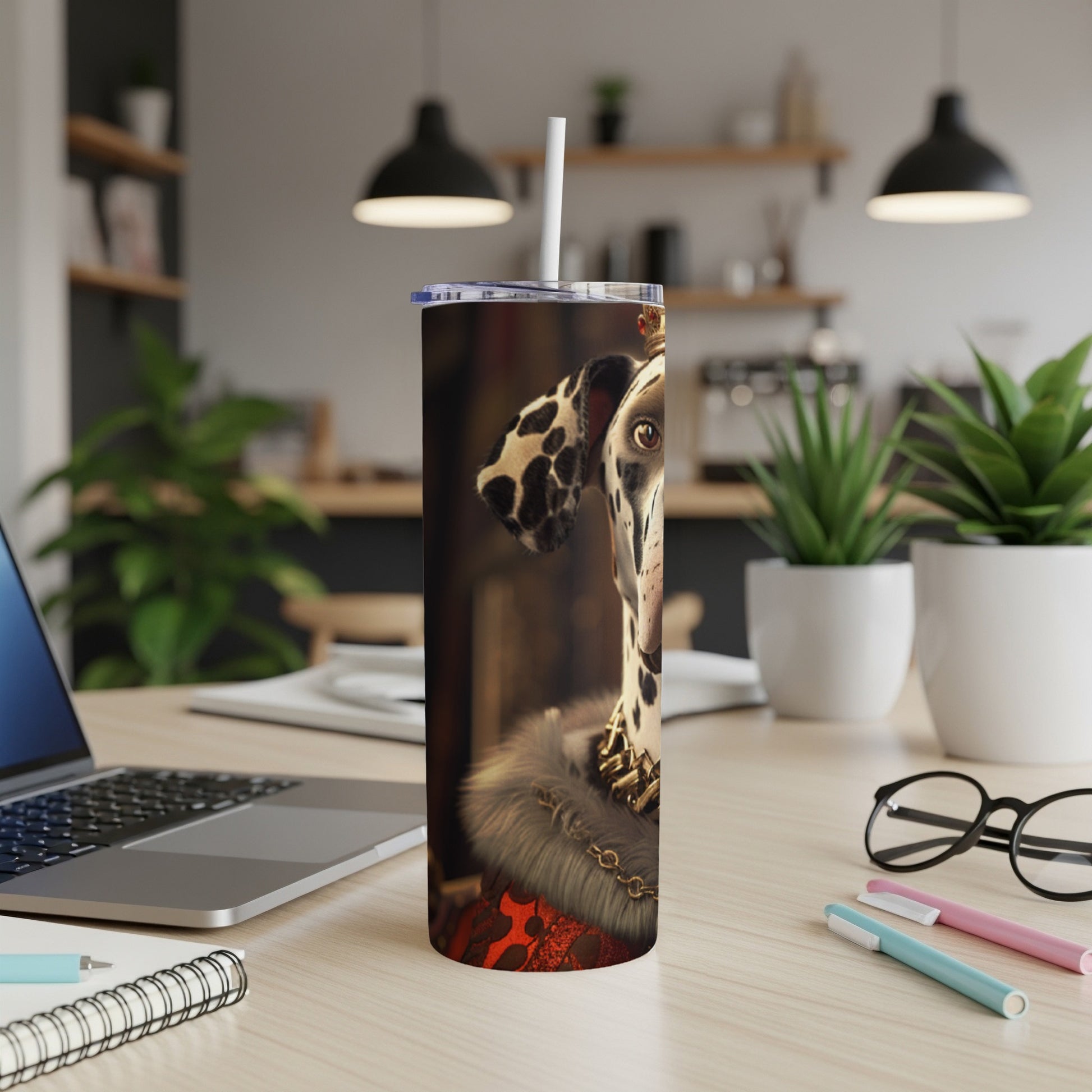 Dalmatian dog wearing a crown and fur collar on a tall tumbler.
