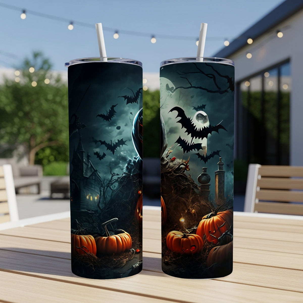 Two Halloween tumblers with spooky scenes featuring pumpkins, bats, and a haunted house.