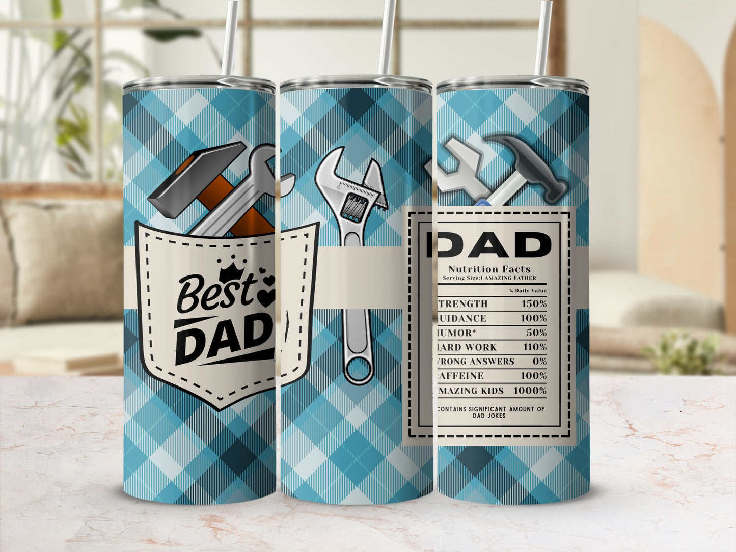 Blue plaid tumblers with "Best Dad" and "Dad Nutrition Facts" designs.