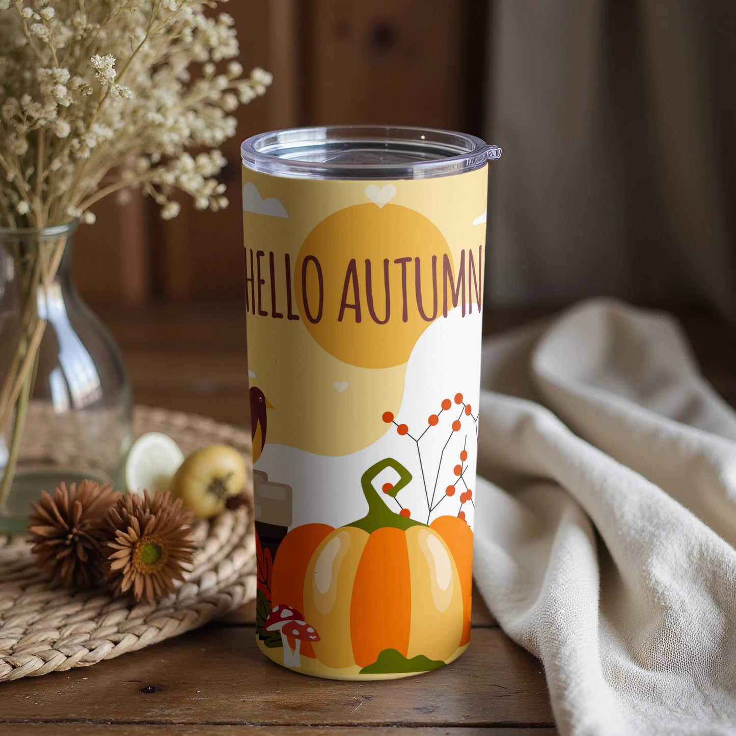Hello Autumn Pumpkin Themed Tumbler with Lid