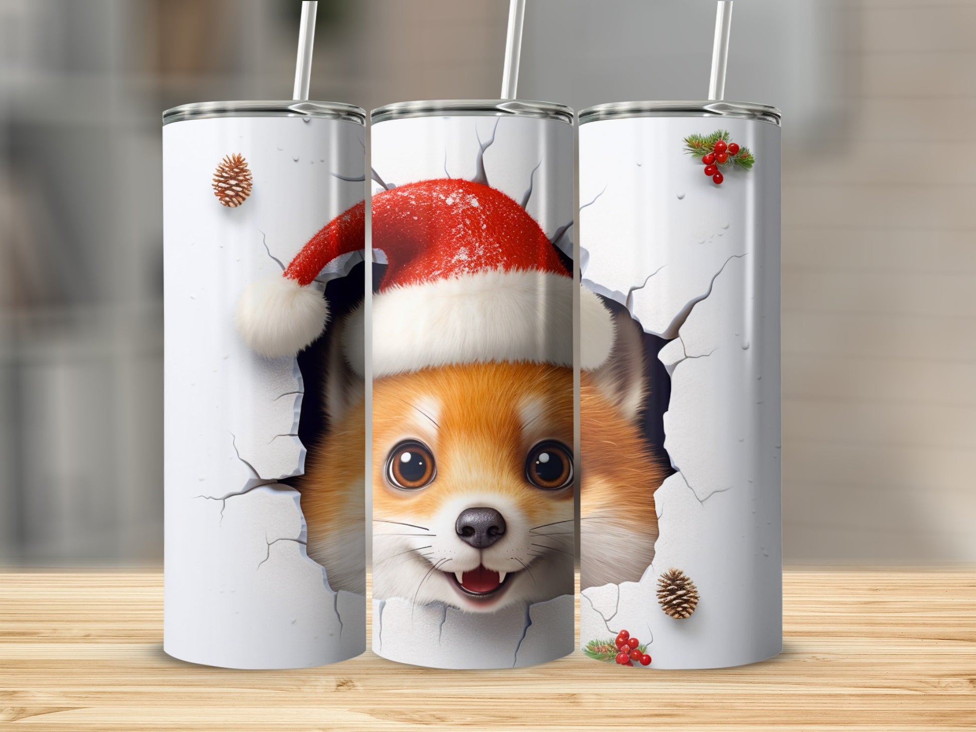 Cute Fox with Santa Hat Cracked Wall Holiday Tumbler
