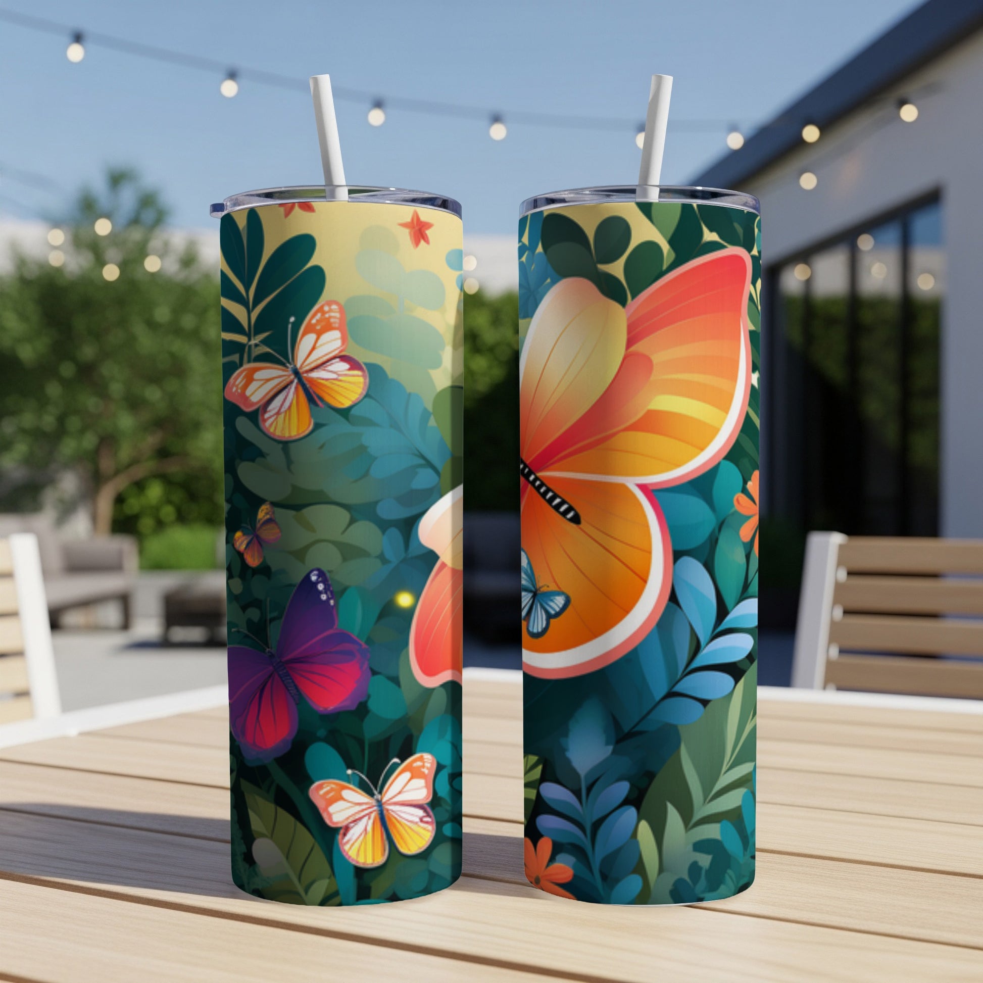 Two tumblers with vibrant butterfly and floral designs sit on a table.