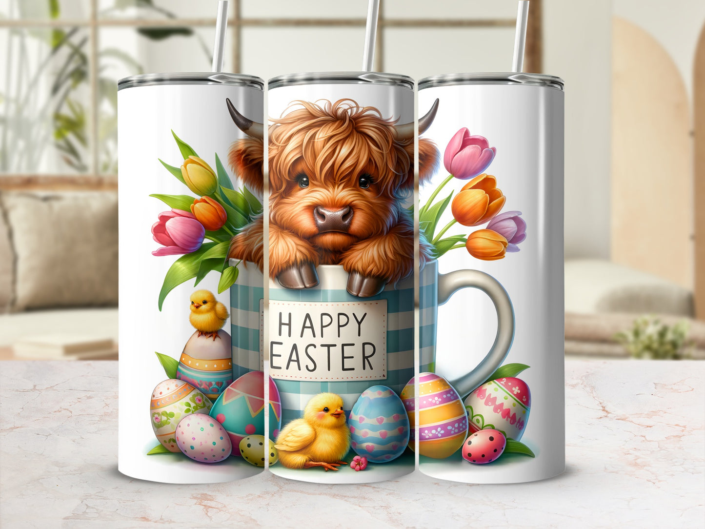 Easter tumbler with highland cow, chicks, colorful eggs, and tulips.