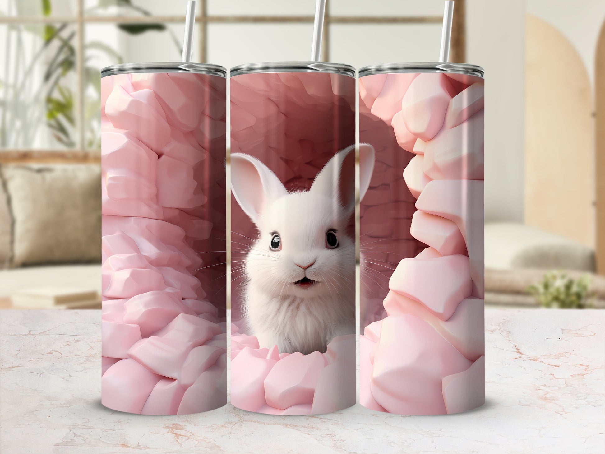 Adorable Bunny with Pink Floral Design Tumbler