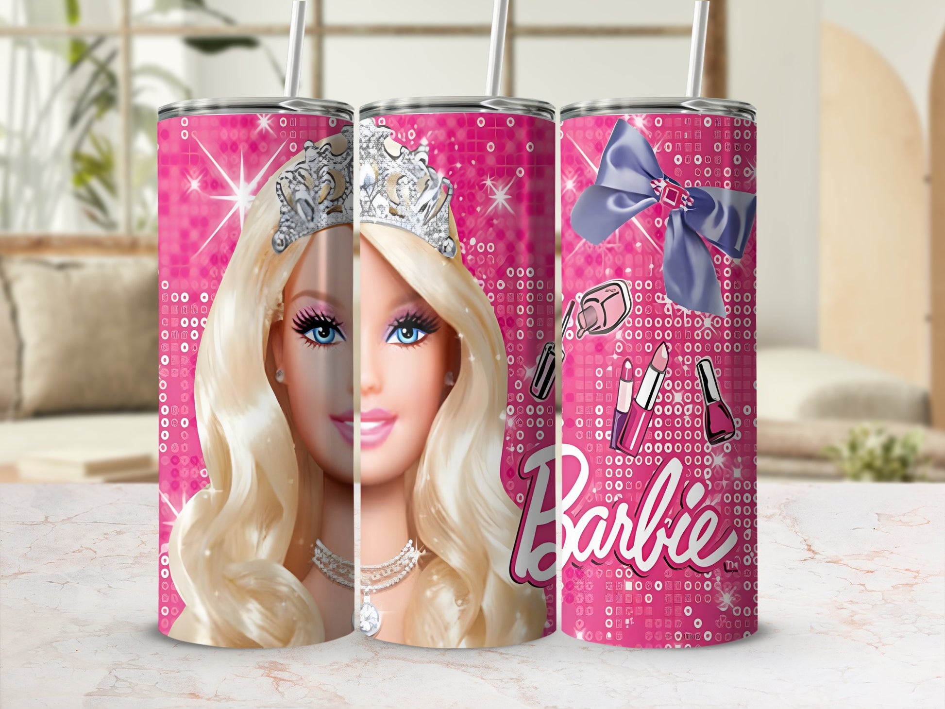Barbie tumbler with crown, makeup, and bow on pink sparkly background.