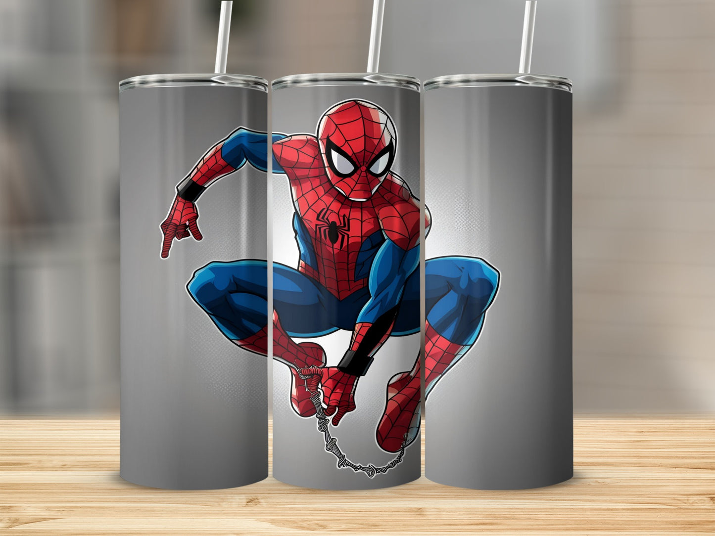 Spiderman character in a crouched pose on a grey background.
