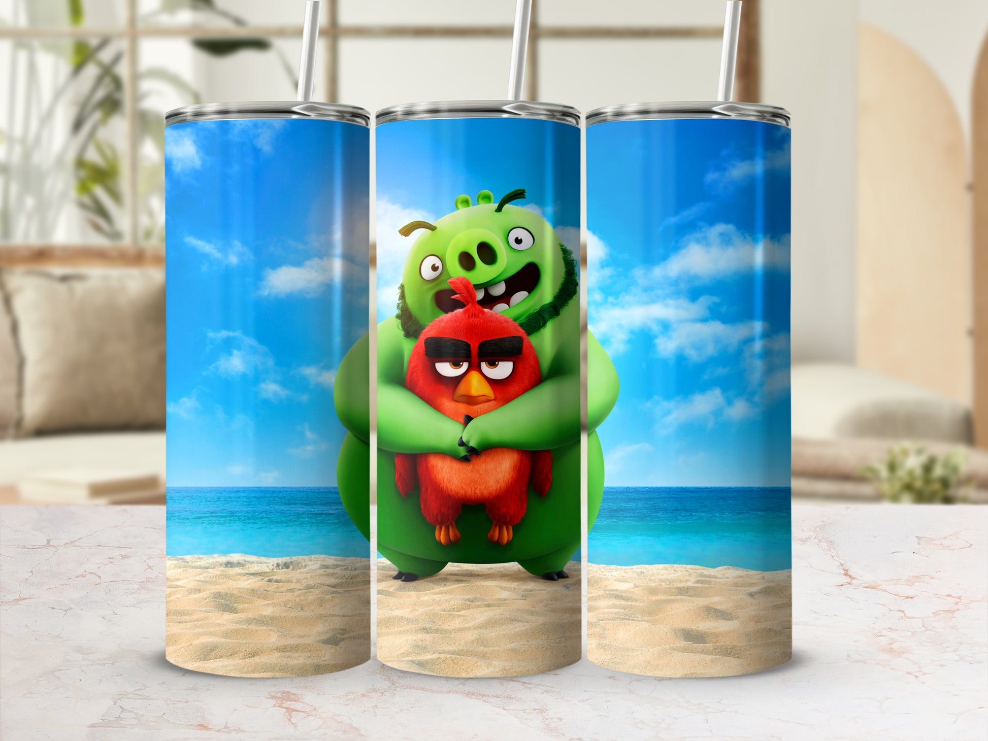 Cartoon Characters Beach Scene Tumbler with Straw