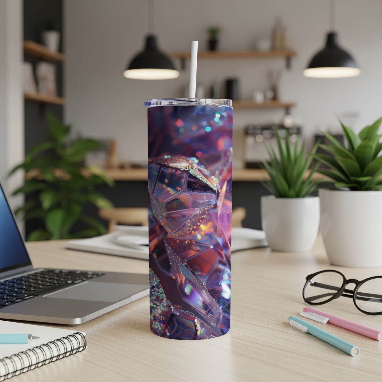 Glittery abstract geometric pattern on a tall stainless steel tumbler with a straw.
