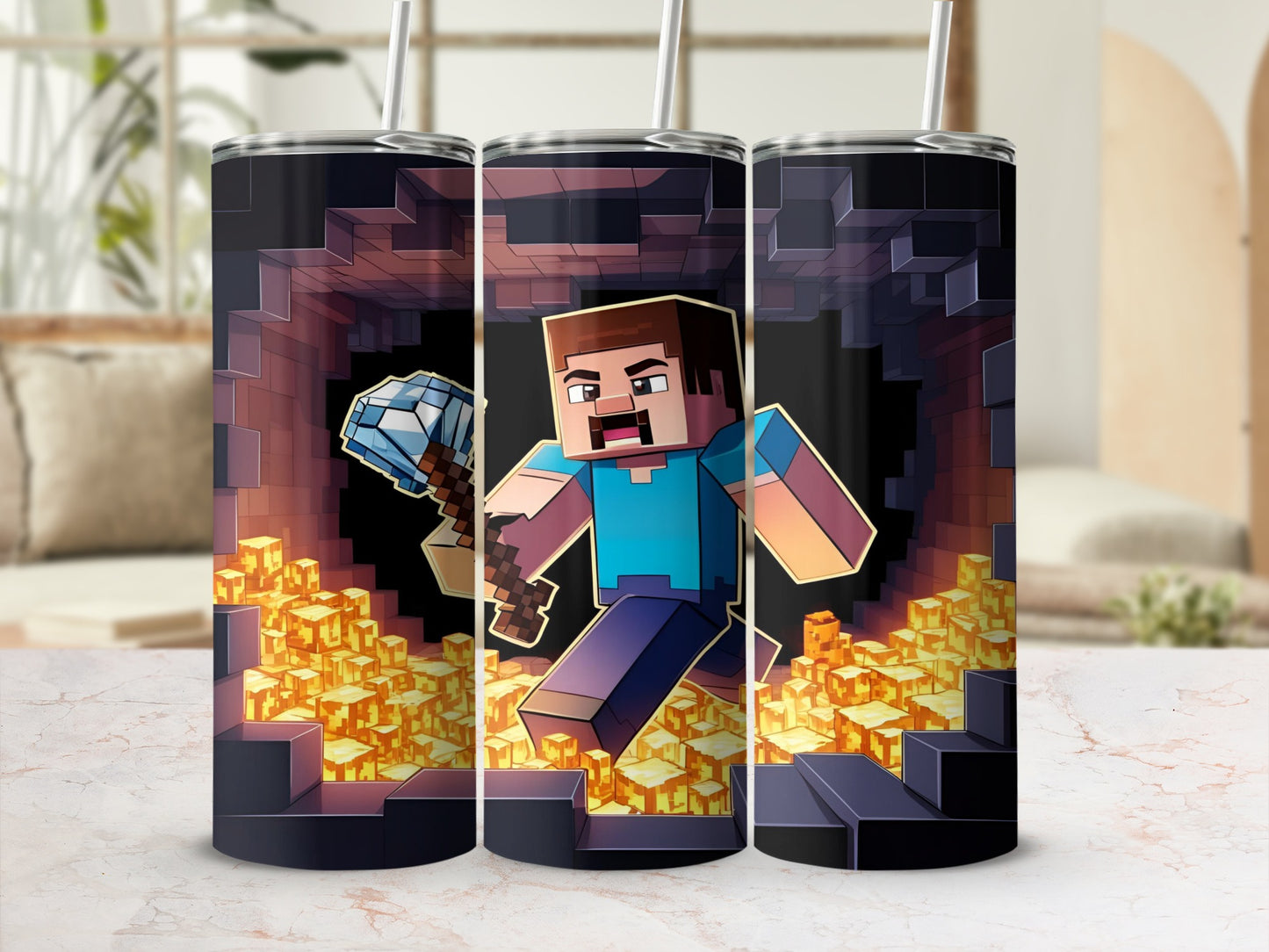 Minecraft character running through golden blocks holding a diamond pickaxe.