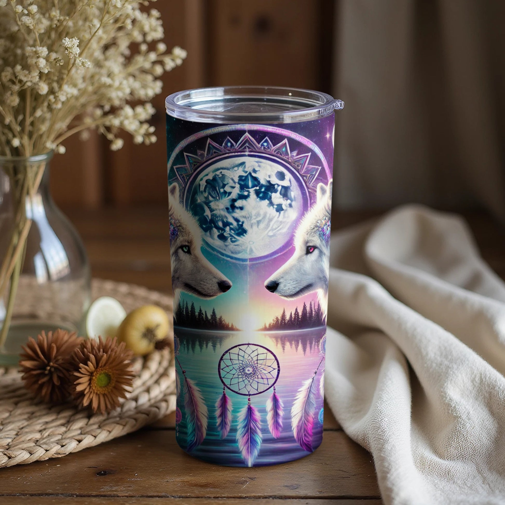 Dreamcatcher Wolves and Moon Artistic Tumbler Cup