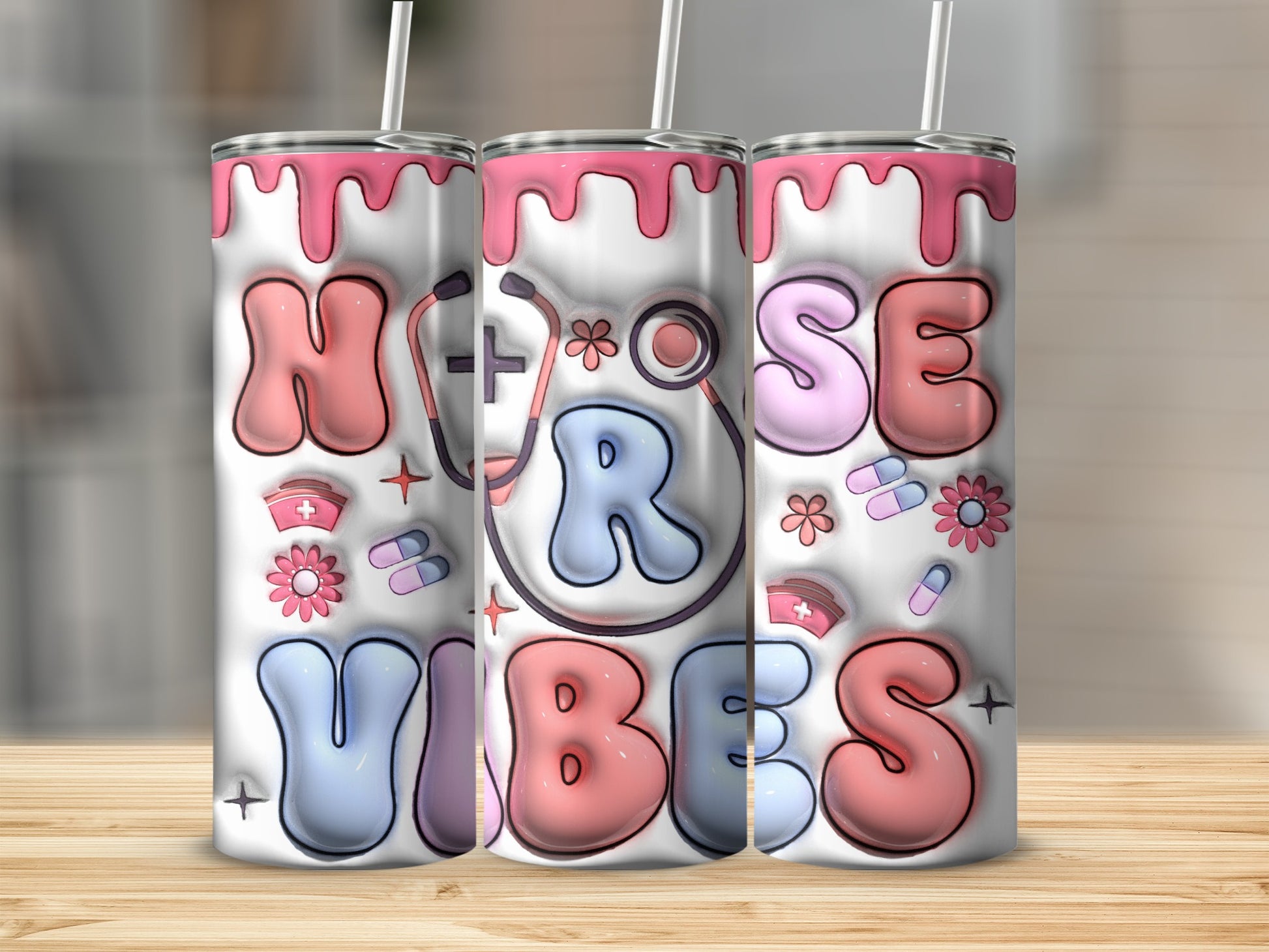 Nurse Vibes tumbler with stethoscope, flowers, and pills.