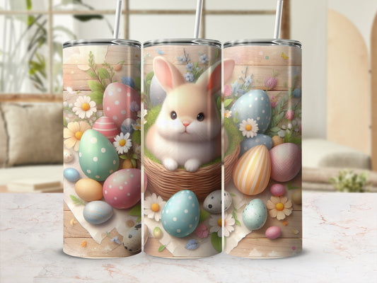 Easter bunny in a basket surrounded by pastel eggs and flowers on a wooden background.