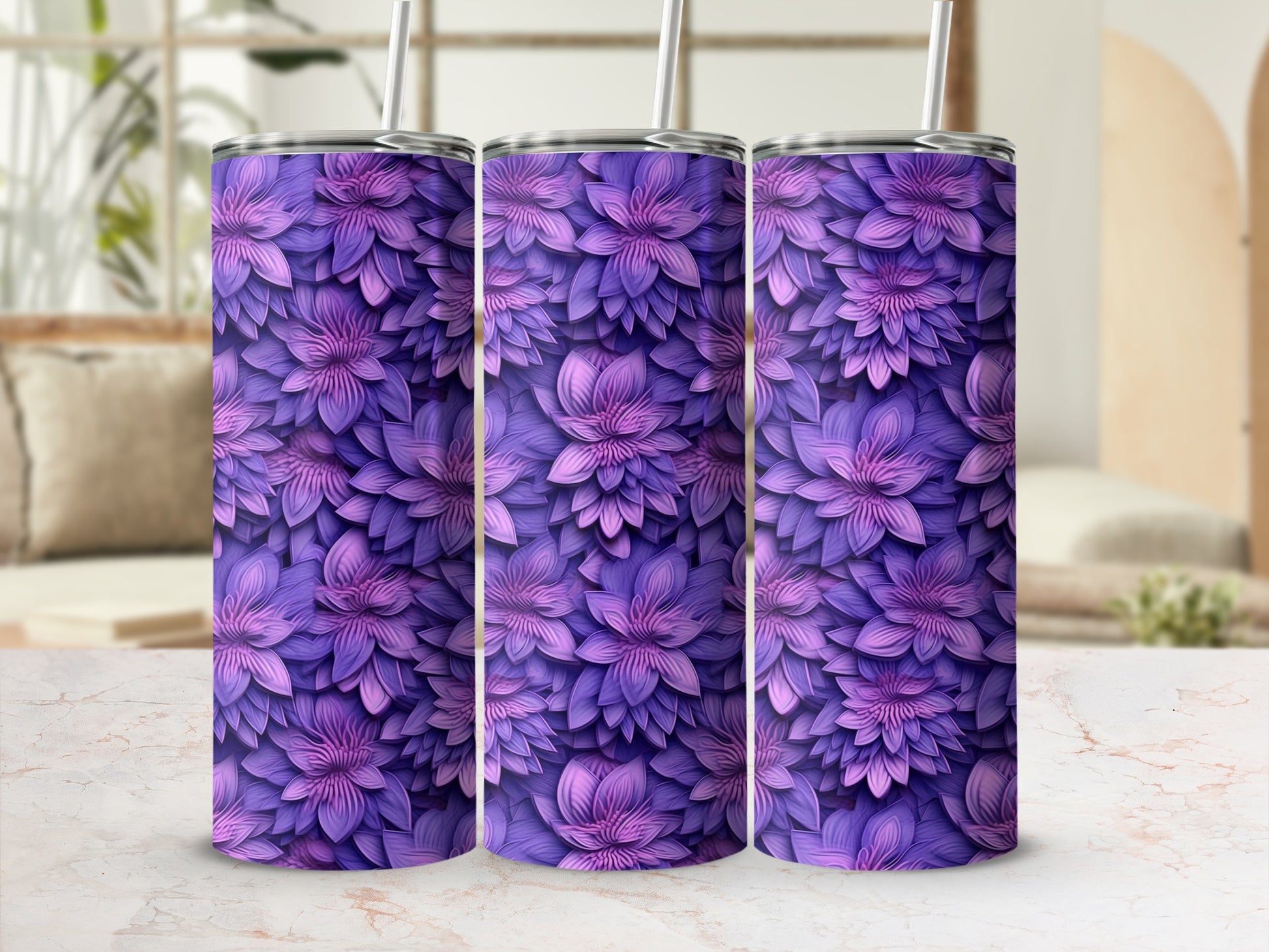 Purple and Pink Floral Patterned Tumbler with Straw