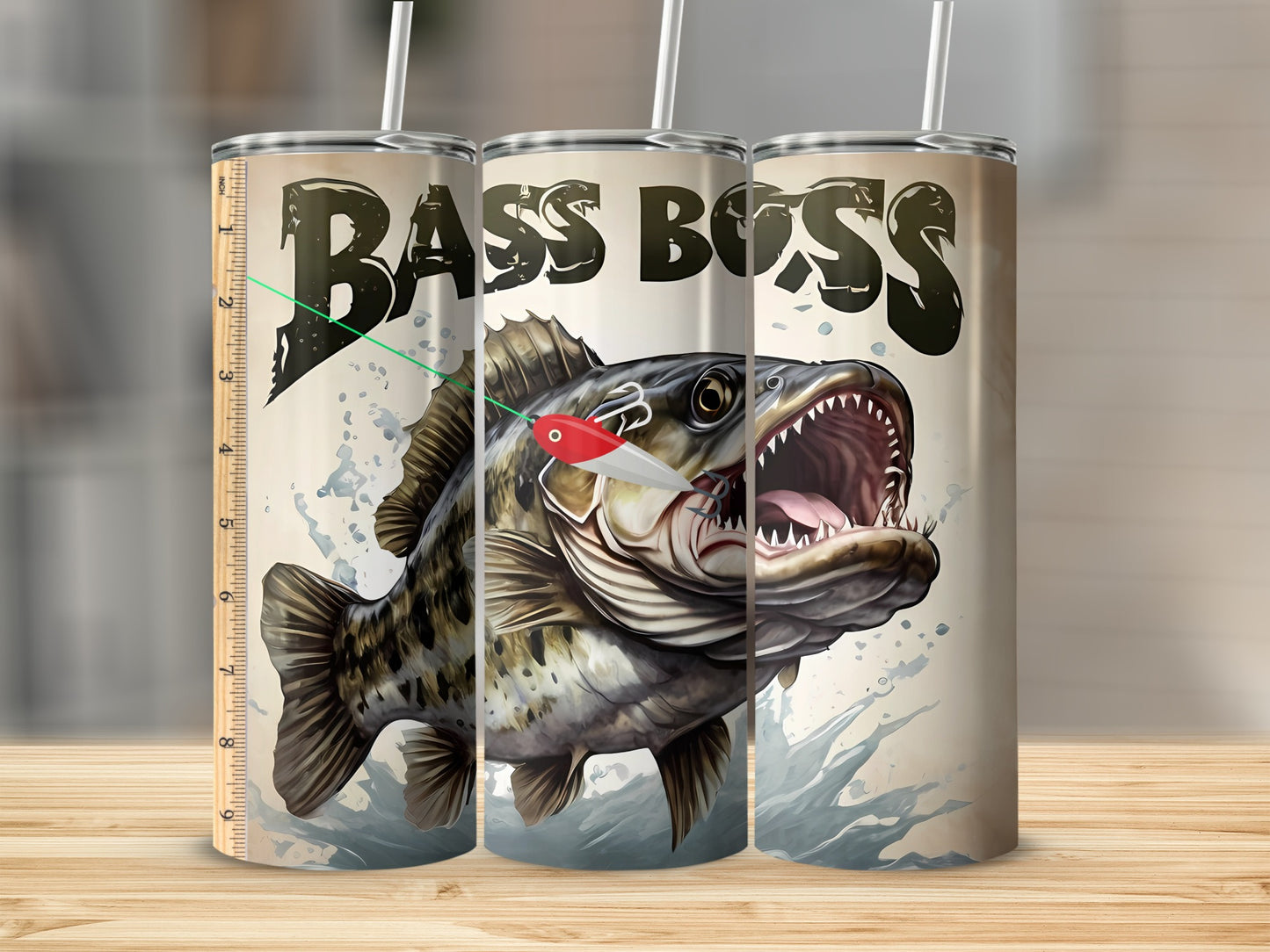 Bass Boss tumbler with a large fish and fishing lure.