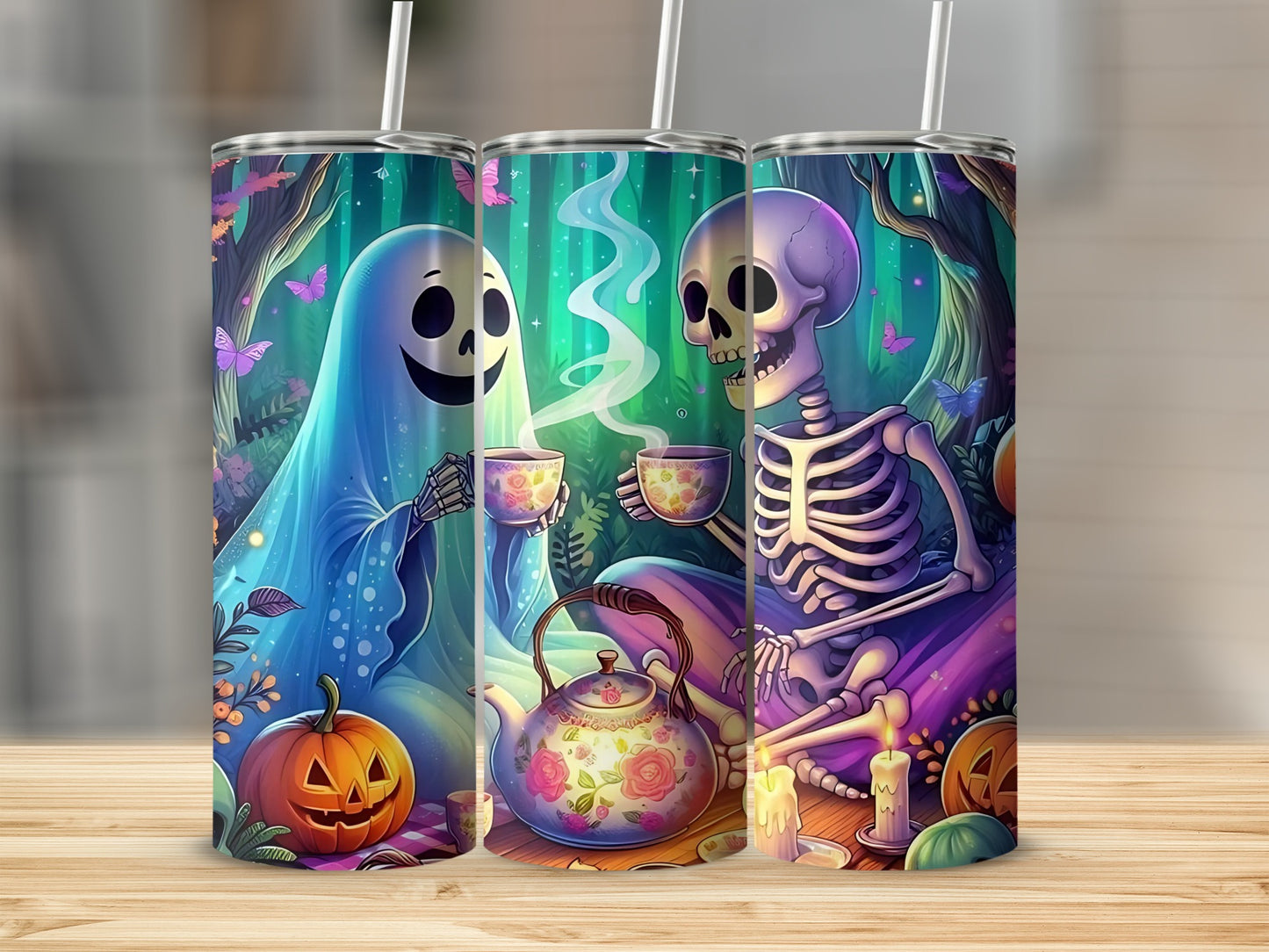 Halloween themed tumbler with a ghost and skeleton sharing tea.