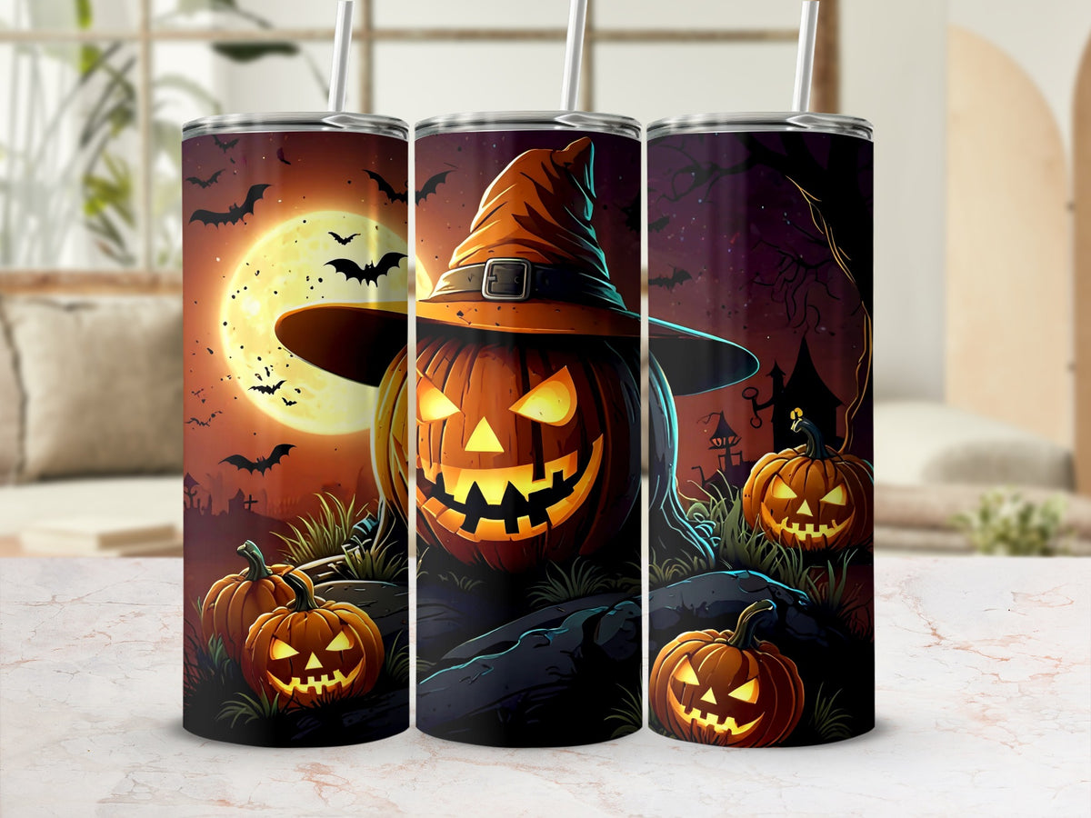 Halloween tumblers featuring jack-o'-lanterns, bats, and a witch's hat.