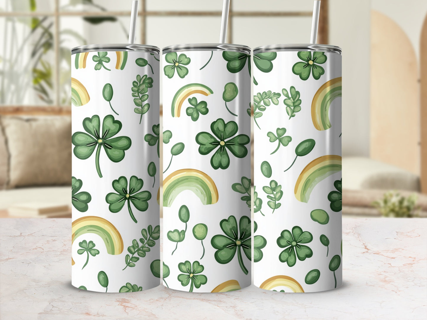 Green shamrocks and rainbow arches pattern on a white tumbler.